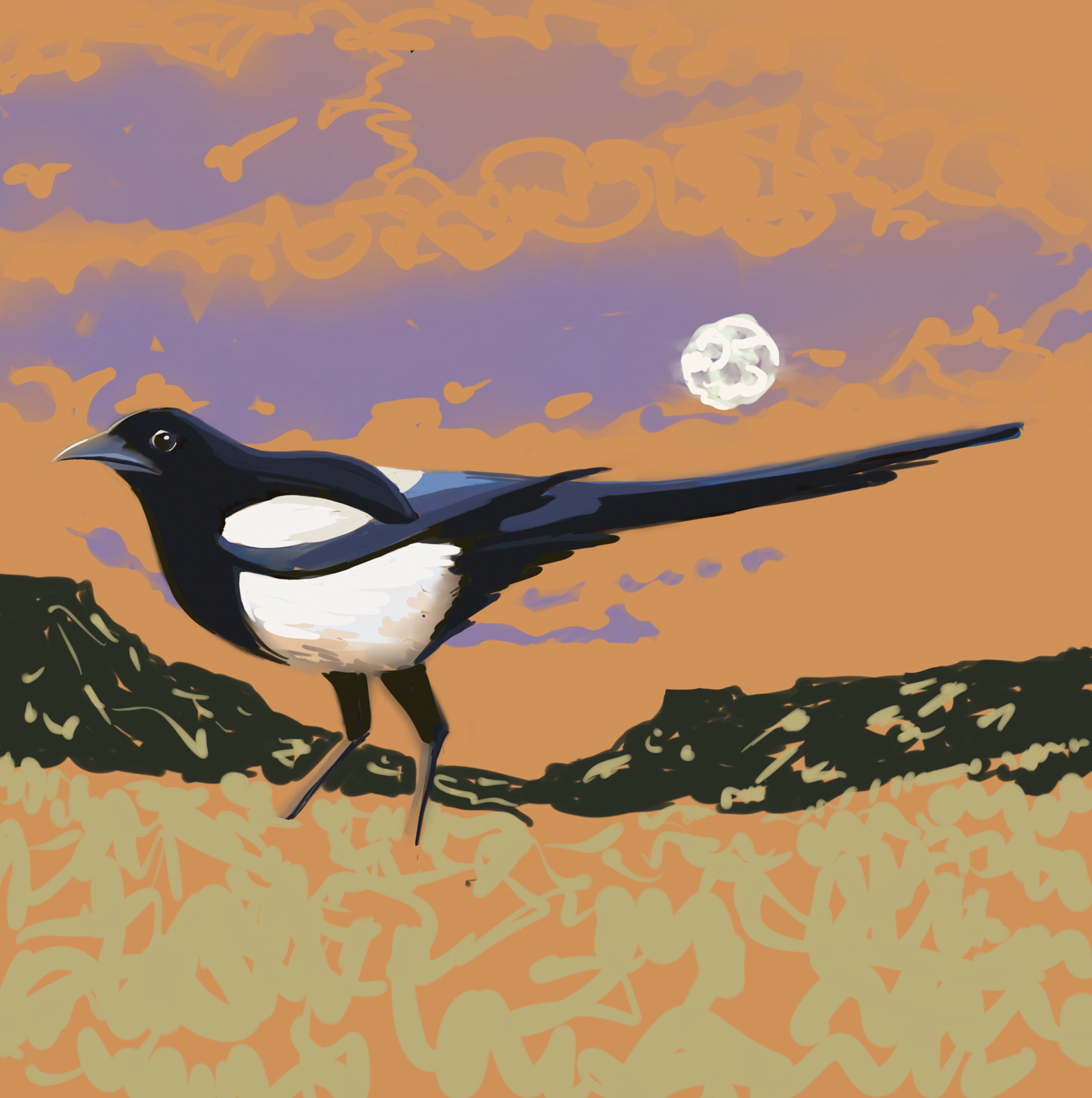 Album Cover oil painting of a magpie in purple and orange